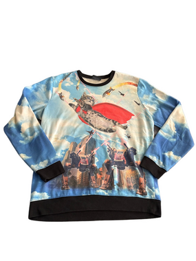 Fifth Sun Superhero Cat Graphic Pullover Sweatshirt Size L